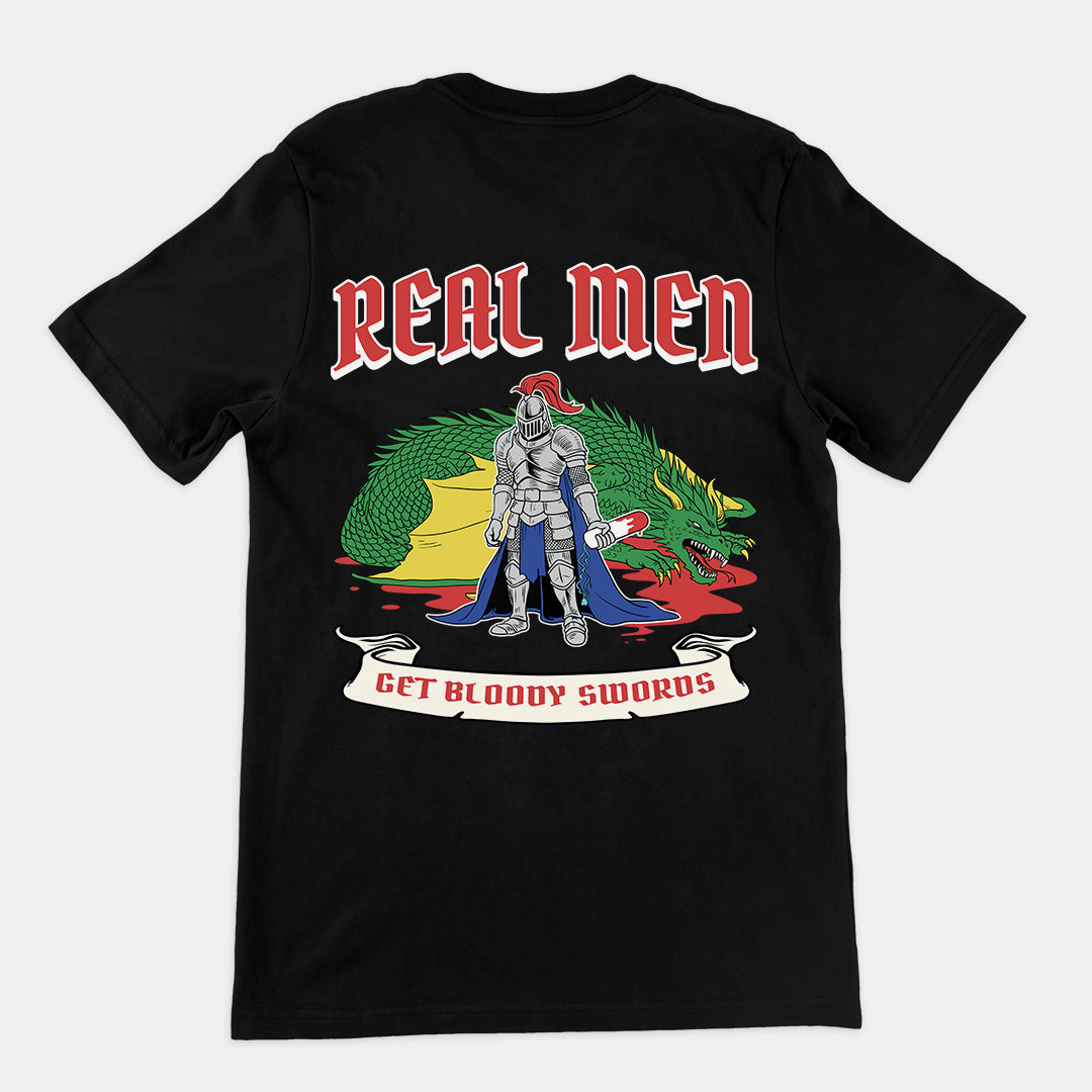 Real Men Get Bloody Swords t-shirt (backprint)