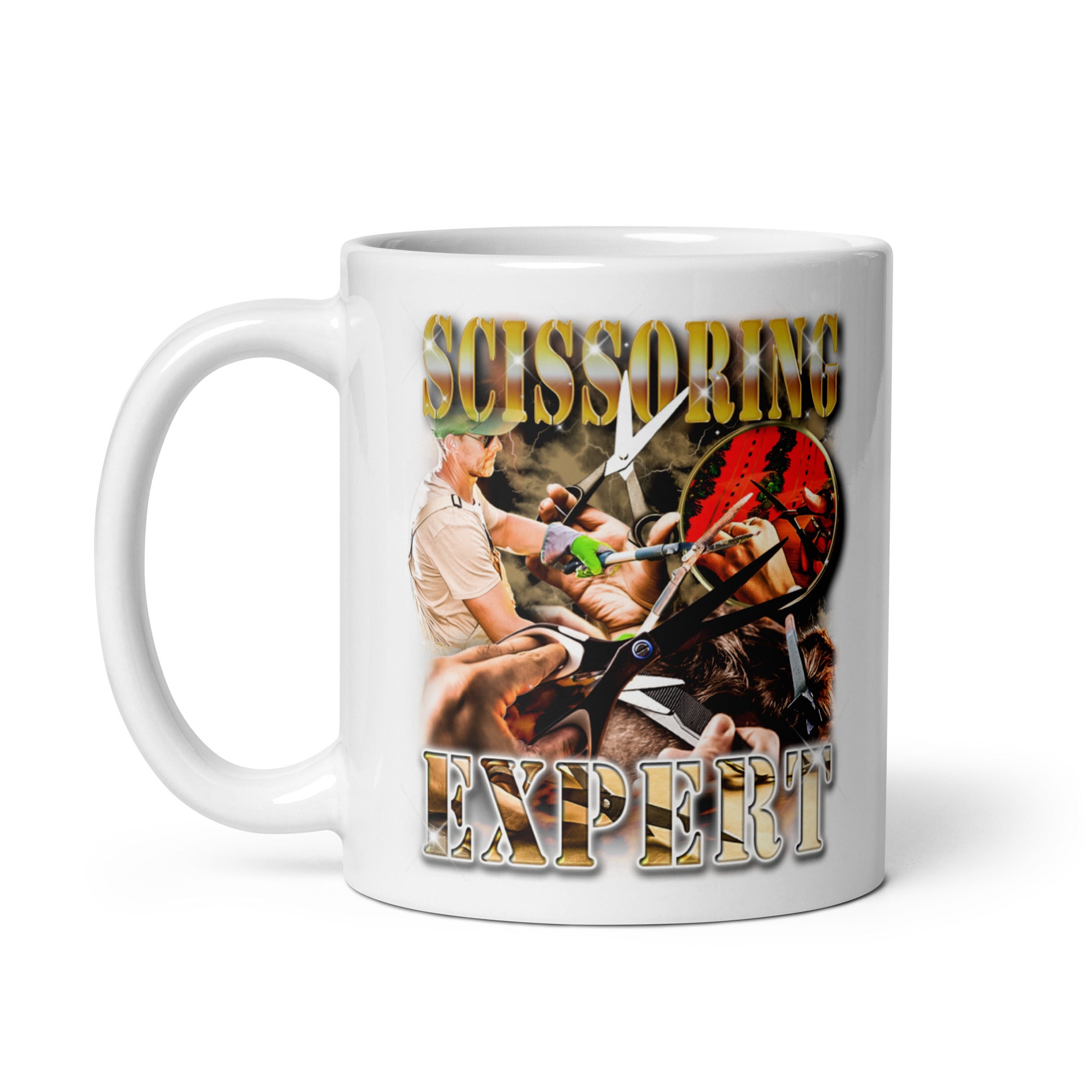 Scissoring Expert White glossy mug