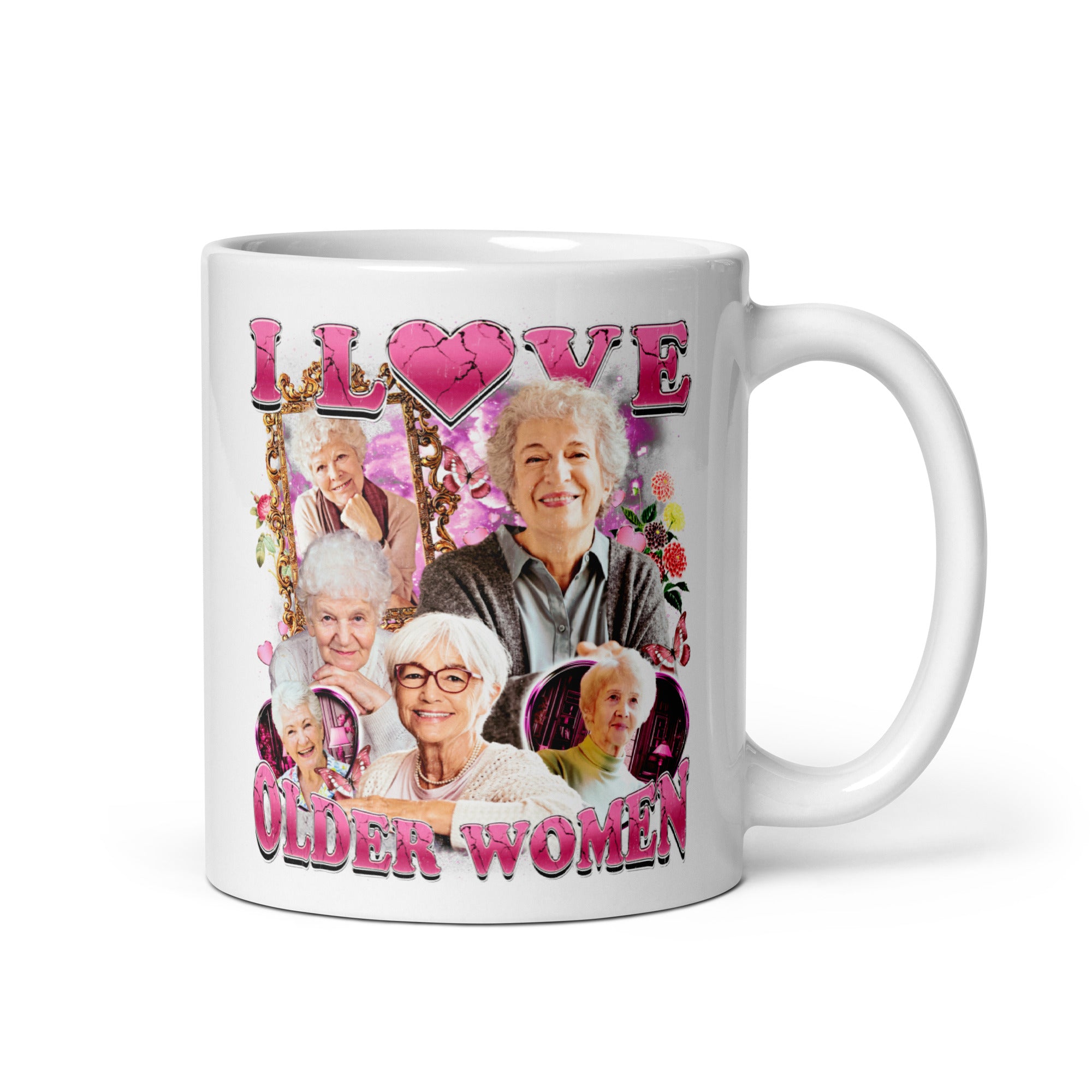 I love Older Women White glossy mug