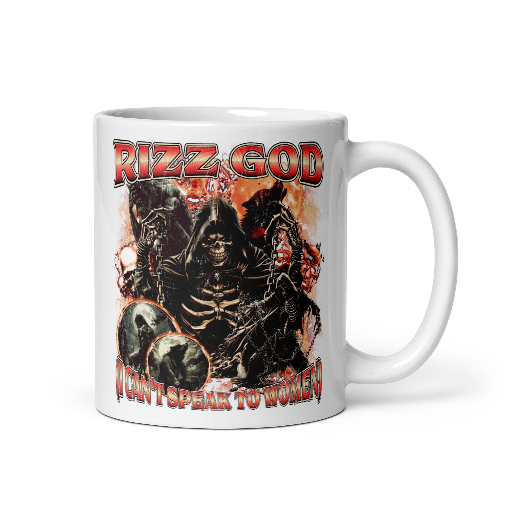 Rizz God I can't speak to women White glossy mug