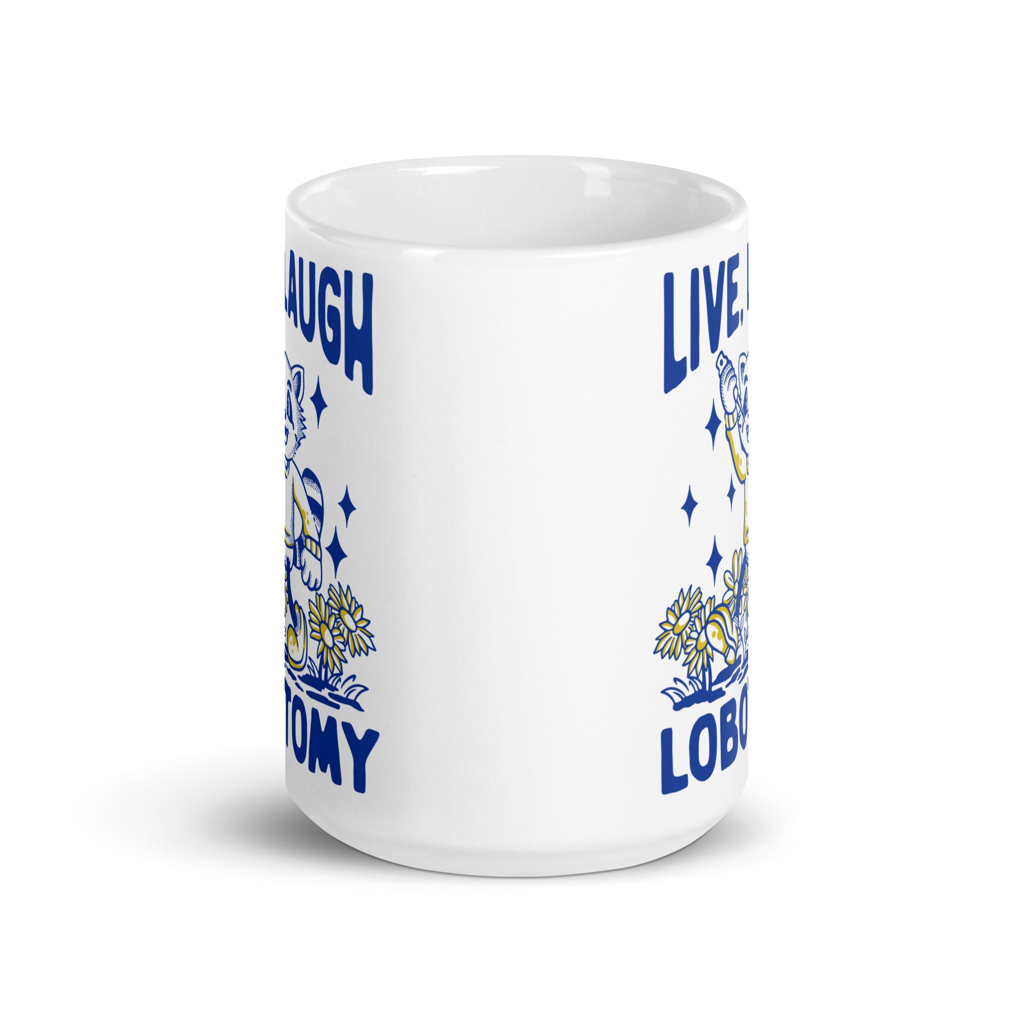 Live Laugh Lobotomy cartoon design 1 White glossy mug