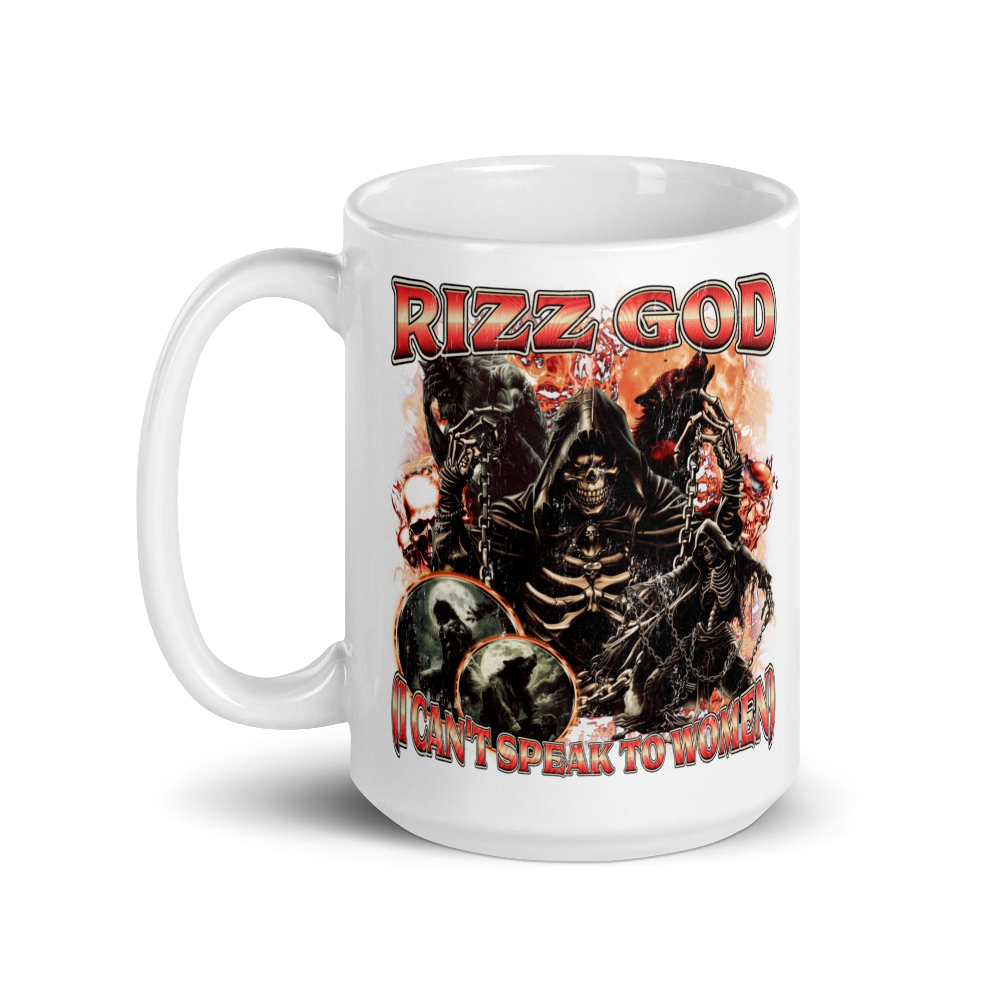 Rizz God I can't speak to women White glossy mug