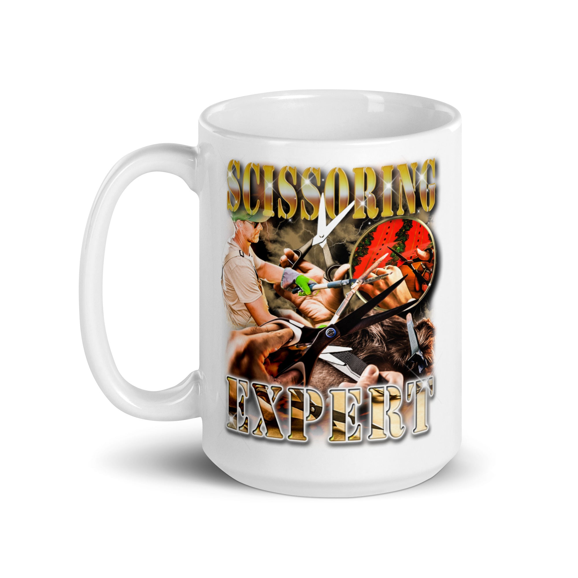 Scissoring Expert White glossy mug