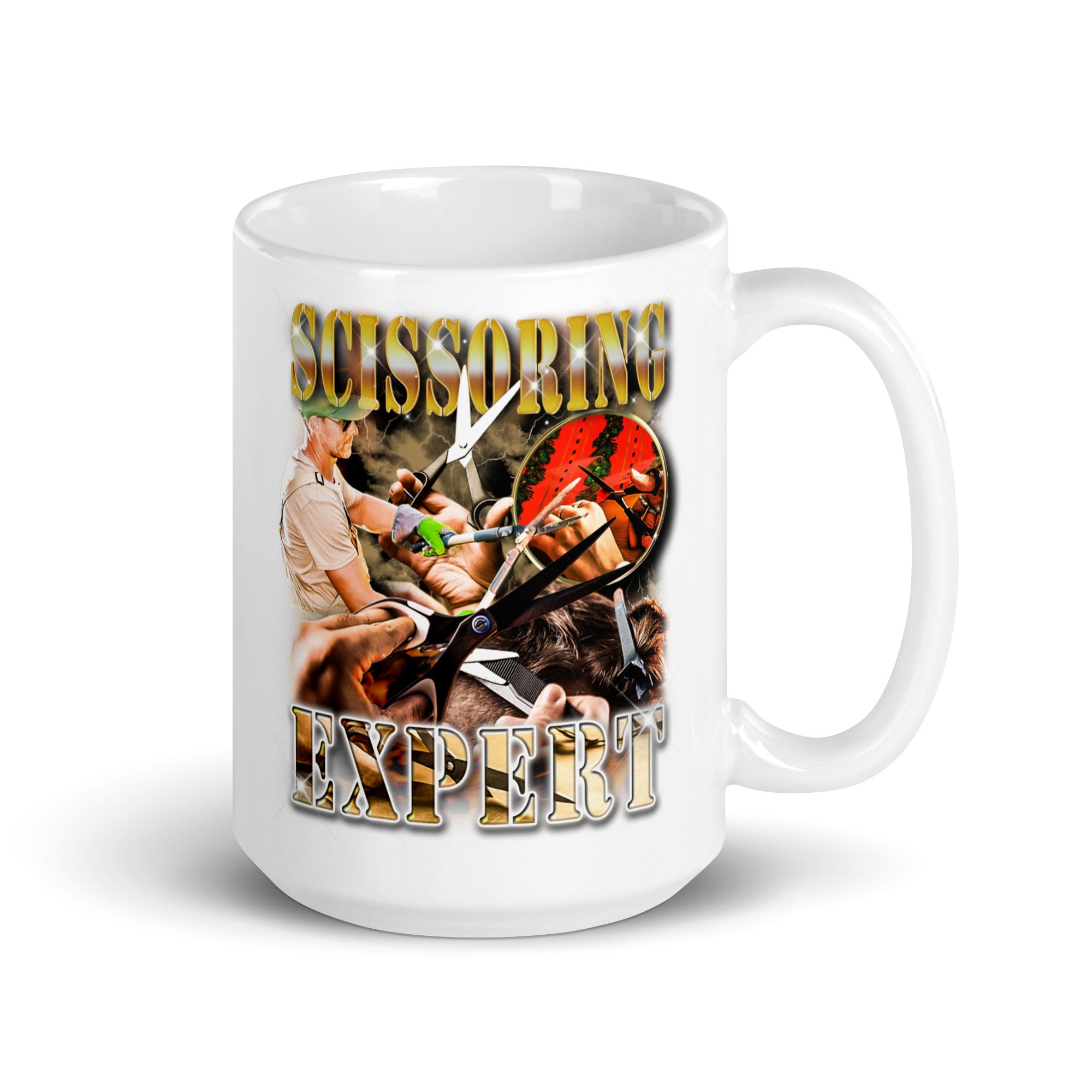 Scissoring Expert White glossy mug