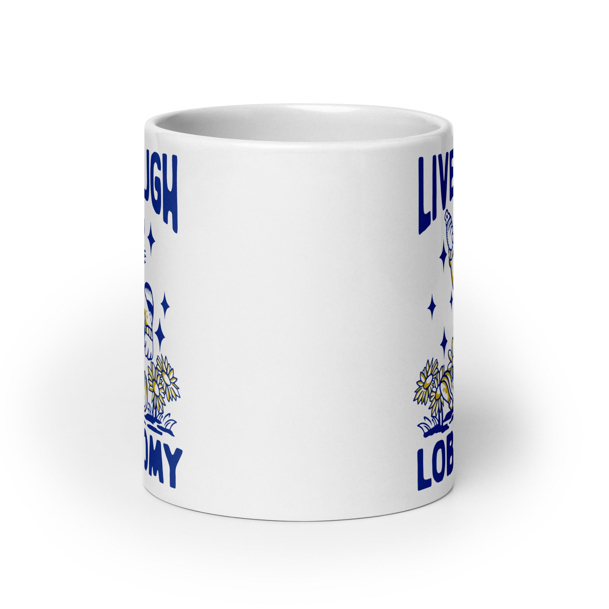 Live Laugh Lobotomy cartoon design 1 White glossy mug